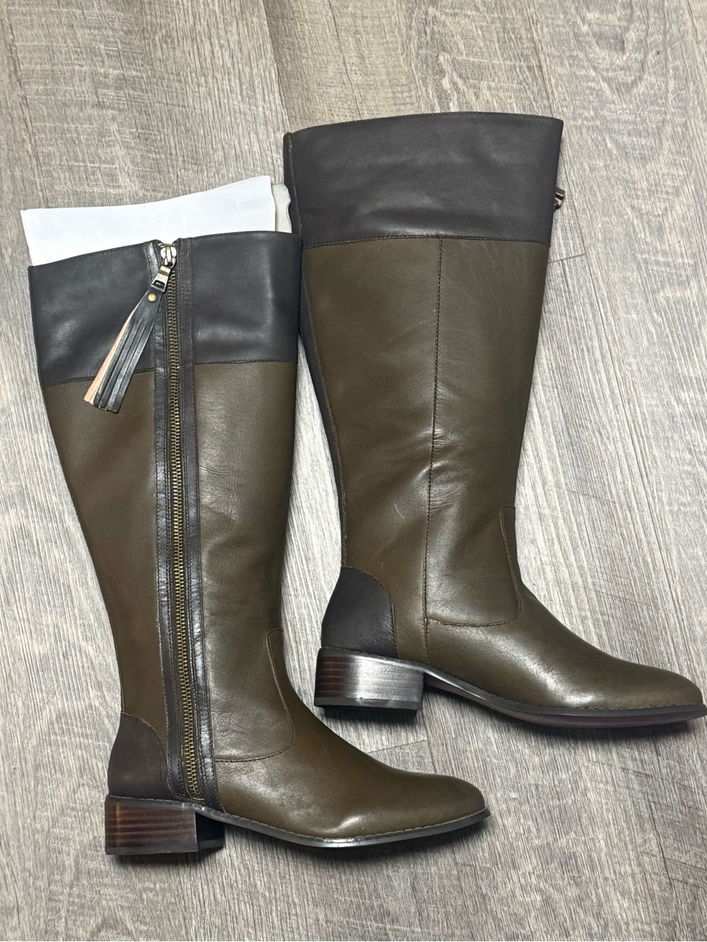 Twiggy London Classic Tall Leather Riding Boots in Olive and Black